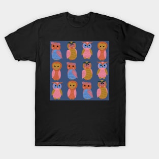 Cute-owls-pink-mauve-mustard-orange-blue-green T-Shirt